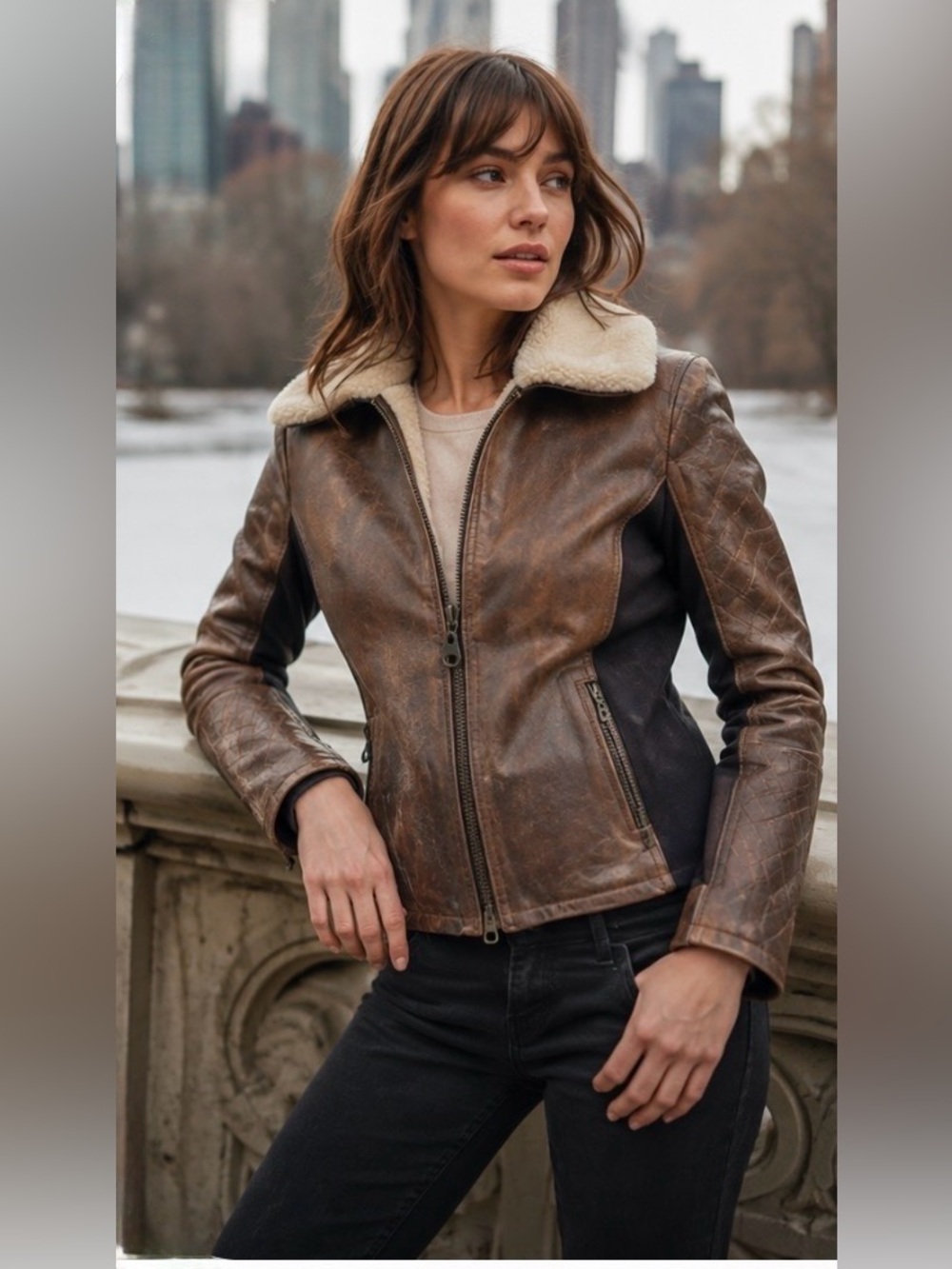 DOMA Brown Lambskin Leather Shearling Moto Jacket Fitted Asymmetrical L Fits S 4